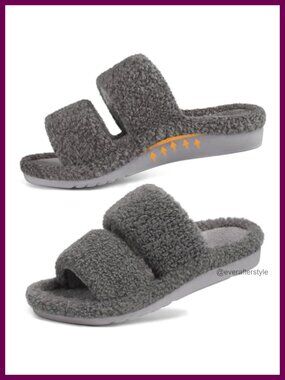 Fuzzy Open Toe Slippers with Arch Support & Memory Foam